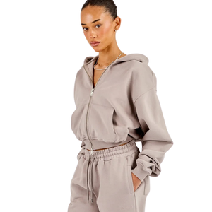 Womens Cropped Full Zip Hooded Tracksuit <b>Set</b> Wide Trousers Drawstring Waist Relaxed <b>Two</b> <b>Piece</b> Casual <b>Lounge</b> Travel Street Outfit - Product Image 3