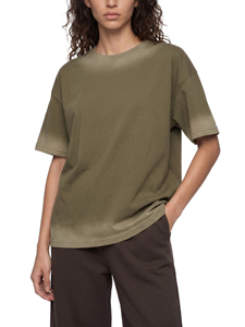 Camiseta Oversize de Cuello Redondo para Mujer, Verde Oliva, 100% Algodón, Corte Holgado, Manga Corta, Color Sólido, Lavado Ácido, Ribete en Contraste - Product Image 3