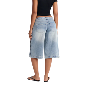 Womens 100% Cotton Light Wash Denim Bermuda <b>Shorts</b> Wide Leg Loose Fit Knee Length Casual Quick Dry Breathable Side Zipper - Product Image 2