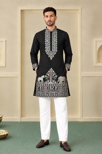 Kurta de seda negra para hombre con motivos bordados de árboles y animales, conjunto Churidar blanco para boda, tradicional indio pakistaní - Product Image 4