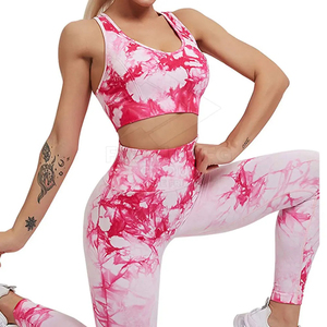 Women Yoga Set Tie Dye Pink White High Waist <b>Leggings</b> Square Neck Non-Convertible Straps <b>Crop</b> Top 2 Piece Spandex Polyester - Product Image 4
