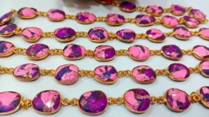 Natural Mohave Pink Calcite Purple <b>Copper</b> Turquoise 12-15mm Bezel <b>chain</b> - Product Image 4
