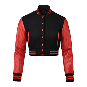 Women's <b>Quilted</b> Crop Varsity Jacket Genuine Leather Sleeve <b>Wool</b> Body Plain Dyed Letterman Wholesale Short Autumn Season - Product Image 1