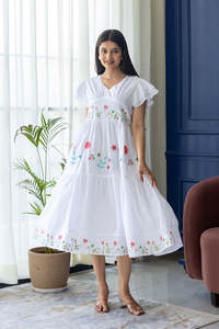 White Floral Embroidered Cotton Midi <b>Dress</b> V-Neck <b>Ruffle</b> Sleeve A-Line Loose Fit Casual Summer Wear - Product Image 4
