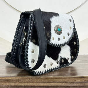 Nouveau sac à main bandoulière en cuir de vachette à poils vintage western, clouté, élégant, turquoise, concho, grande capacité, pour femmes - Product Image 4