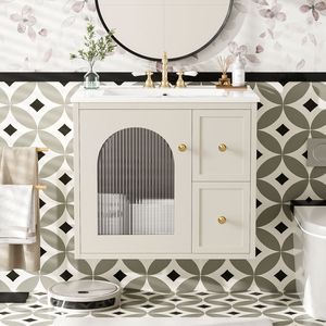 Mobile Bagno Sospeso da 24 Pollici per Spazi Ridotti con Lavabo in Ceramica, 2 Cassetti e 1 Anta con Chiusura Ammortizzata - Product Image 1