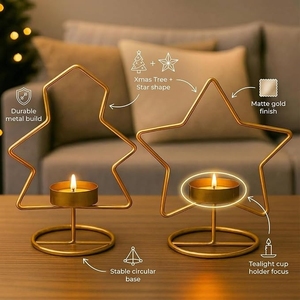 Set of 2 Geometric Metal Wire Gold <b>Candle</b> Holders - Modern <b>Christmas</b> <b>Tree</b> and Star Shape Tealight Votive Stand Set for Decor - Product Image 2