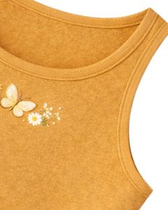 Conjunto de Top Corto Acanalado y Pantalones Cortos con Cordón para Mujer, Amarillo Mostaza con Bordado de Mariposa y Margarita, Estilo Casual de Dos Piezas - Product Image 4