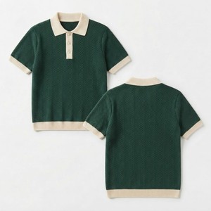 Suéter Polo de Punto para Mujer, Manga Corta, Cuello Camisero, Color Verde Sólido, Algodón, Casual, Transpirable, para Todas las Temporadas, Corte Regular - Product Image 1