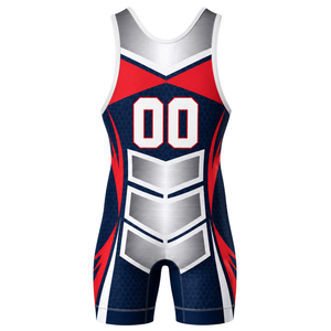 Men Navy Blue Red Sublimated Wrestling Singlet Polyester <b>Athletic</b> Sports Uniform Sleeveless Competition Training Match Wear - Product Image 3