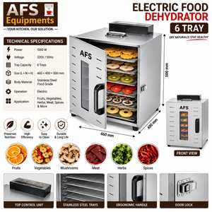 Déshydrateur alimentaire électrique AFS à 6 plateaux en acier inoxydable 1000W 220V, faible bruit, tension universelle, fruits, légumes, viande, herbes, épices - Product Image 1