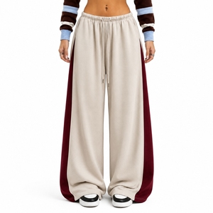 Custom Women's Wide Leg <b>Trouser</b> Loose Fit Drawstring <b>Waist</b> Contrast Side Panels Casual Streetwear Fashion Pants - Product Image 1