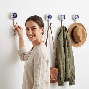 Ceramic Flower Wall <b>Hook</b> Vintage Style Blue <b>White</b> Handmade Single <b>Hook</b> for Clothing Self-Adhesive Wall-Mounted Waterproof - Product Image 4