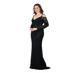 Robe longue de soirée élégante vert foncé à sequins, de luxe, à épaules dénudées, manches longues, ornée à la main, coupe sirène, pour soirée formelle et bal de promo - Product Image 3