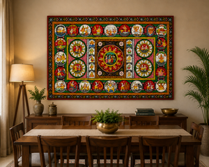 Cuadro Decorativo Tradicional Indio Pattachitra, Rectangular, de Tela Pintada a Mano, con Diseño Religioso de Krishna RaasLeela - Product Image 1