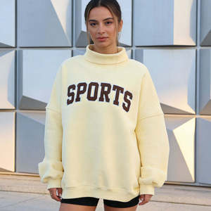 Oversized Turtleneck Crop <b>Sweatshirt</b> Yellow Sports Letter Print Batwing Sleeve Fleece Pullover Unisex Autumn Wear - Product Image 3