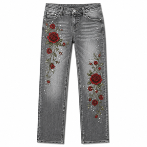 Women's Cute Dark High Waist Floral <b>Embroidered</b> Straight Leg <b>Jeans</b> Full Length Denim Pants Casual Autumn Streetwear OEM ODM - Product Image 2