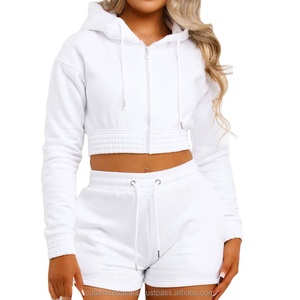 New Arrival Stylish Solid Pattern Comfortable Fleece Size 6XL Gym Wear Premium Quality Women's Crop Hoodie Shorts Set - Product Image 1