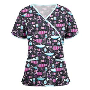 Women's V-Neck Short Sleeve Printed <b>Scrub</b> Top With Pockets Cartoon Pattern Polyester Casual Breathable Workwear Tops - Product Image 1