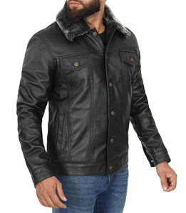 Veste en cuir véritable pour homme, style camionneur, poches avant, vestes en peau d'agneau avec fourrure - Product Image 5