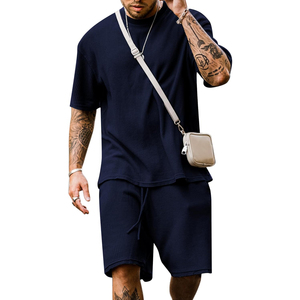 Conjunto de Camiseta y Pantalones Cortos de Punto Acanalado Azul para Hombre, Cuello Redondo, Color Sólido, Estilo Casual de Verano, Transpirable y Cómodo - Product Image 3