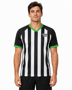 Men Black White Striped <b>Referee</b> Shirt Green V Neck Trim Short Sleeve Professional Football Officials Performance Game Jersey - Product Image 5