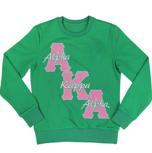 Sweat-shirt vert avec broderie chenille rose, style sororité grecque, col rond, coupe décontractée premium pour femme, en polaire pour l'hiver - Product Image 1
