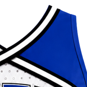 Haut court de cheerleading sans manches bleu roi et blanc pour femme, col en V, uniforme de performance athlétique pour équipe, tenue de compétition sportive - Product Image 4