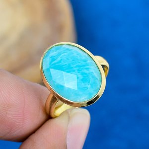 Natural Blue Amazonite Oval Shape Gemstone <b>Ring</b> Handmade 18k Gold Micron Over 925 Sterling <b>Silver</b> - Product Image 2