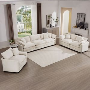 Set da Soggiorno in Corduroy Beige Chiaro a 3 Pezzi, Comodi Divani Oversize Singoli e Doppi - Product Image 1