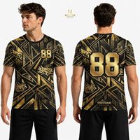 T-shirt de sport respirant imprimé sur mesure géométrique noir et or de luxe, sublimation premium, évacuation de l'humidité, vêtements de sport actifs