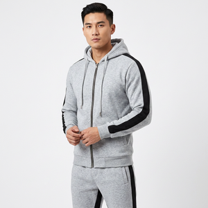 Ensemble survêtement gris à capuche pour homme, sweat-shirt et pantalon à fermeture éclair intégrale, couleur unie, tenue décontractée d'automne avec poches latérales - Product Image 2