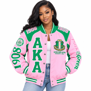 Veste universitaire personnalisée rose et verte à manches longues, boutonnée sur le devant, style baseball, bomber, vêtement d'équipe, col et poignets côtelés, sportswear - Product Image 1