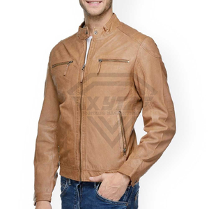 Premium Custom Tan Geuine Leather <b>Biker</b> <b>Jacket</b> For Men Slim Fit Soft Sheepskin Real Leather Coat Wholesale Manufacturer Quality - Product Image 2