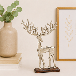 Handmade Silver Aluminium Reindeer Sculpture on Solid Mango Wood Base Elegant Standing Stag Figurine For <b>Christmas</b> Home Decor - Product Image 2