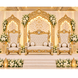 Canapé de mariage élégant en or blanc style paon avec cadres sculptés de style royal, canapé de scène de mariage de luxe avec chaises assorties pour les États-Unis - Product Image 1