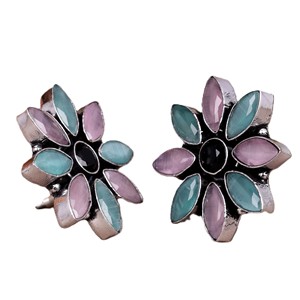 Pink Zircon Marquise Cut Brass Floral <b>Stud</b> Earrings | Antique <b>Silver</b> Plated Boho Tribal Jewelry Gift for Women Anniversary - Product Image 4