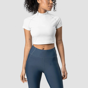 Camiseta Deportiva de Manga Corta con Cuello Alto para Mujer, Color Blanco, Ajustada, para Gimnasio, Yoga, Ejercicio - Product Image 1