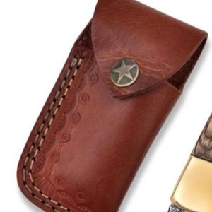 Cuchillos Plegables Premium con Hoja de Acero con Patrón de Damasco, Mango Ergonómico de Madera, Funda de Cuero y Clip de Bolsillo para Caza y Camping - Product Image 3