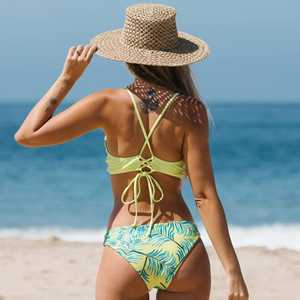 Women's Yellow Tropical Print Bikini Set <b>Crossed</b> Halter <b>Top</b> Cheeky Bottom Spandex Polyester Swimwear - Product Image 5