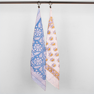 Floral Cotton <b>Square</b> <b>Scarf</b> Handkerchief Blue White Yellow Pattern Casual Spring Summer Breathable Hand Drawn Design - Product Image 2