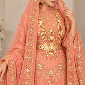 ผ้าโพกศีรษะแบบแอฟริกัน Peach Luxury Bridal Dirac ประดับด้วยงานปักลายดอกไม้สีทองและเลื่อม เหมาะสำหรับงานแต่งงานแบบโซมาลี - Product Image 2