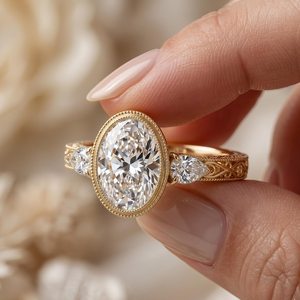Bague Art Déco 3.02 carats en diamant taille ovale, trois pierres, or jaune 14 carats, cultivé en laboratoire, pour mariage, cadeau surprise pour partenaire - Product Image 2