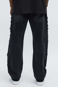 Jeans Negros para Hombre, Corte Recto, Estilo Desgastado, Ajuste Holgado, Estilo Urbano, Cintura Media, Tela de Algodón para Otoño - Product Image 3