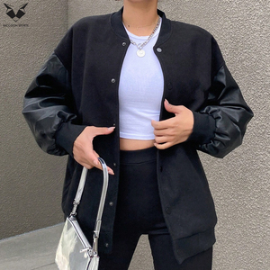 Veste universitaire noire pour femme, manches longues, boutonnée, col rabattu, couleur unie, tenue d'automne, garniture contrastante, coupe classique, en cuir PU - Product Image 5