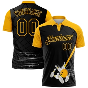 Wholesale Direct industry Best Selling Custom Black Gold 3D Pattern Design <b>Bowling</b> Performance Polo Shirt - Product Image 1