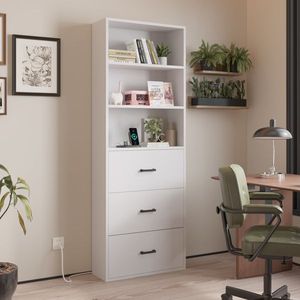 Triamine White Display Cabinet 60*23.5*180cm FCH 3 Layers with 2 USB 2 Plugs US Standard 3 Drawers Bookcase - Product Image 1