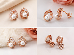 Trendy Rose Gold Plated Faux Pearl <b>Stud</b> <b>Earrings</b> Cubic Zirconia <b>Crystal</b> Inlay for Women's Engagement Wedding Party Daily Wear - Product Image 2