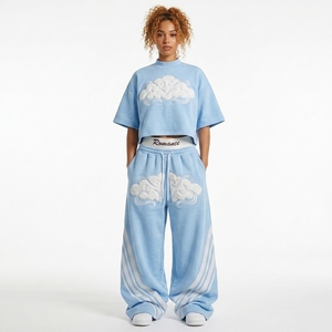 Ensemble t-shirt court et pantalon large pour femme, broderie personnalisée, 100% coton, léger, tenue décontractée tendance - Product Image 4