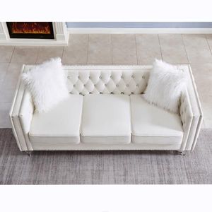 Beige 2+3 Seat Velvet Crystal Buckle <b>Sofa</b> Set Living Room with Removable Cushion & Four Plush Pillows Crystal <b>Feet</b> - Product Image 4